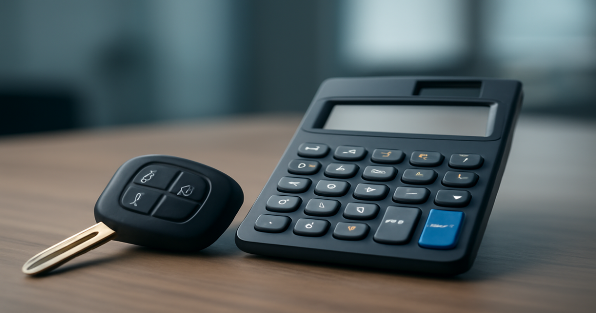Close-up of car key and calculator illustrating кредиты на авто concepts.