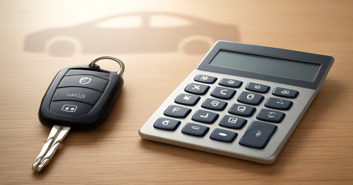 High-quality image of a car key and calculator representing кредиты for car purchases.