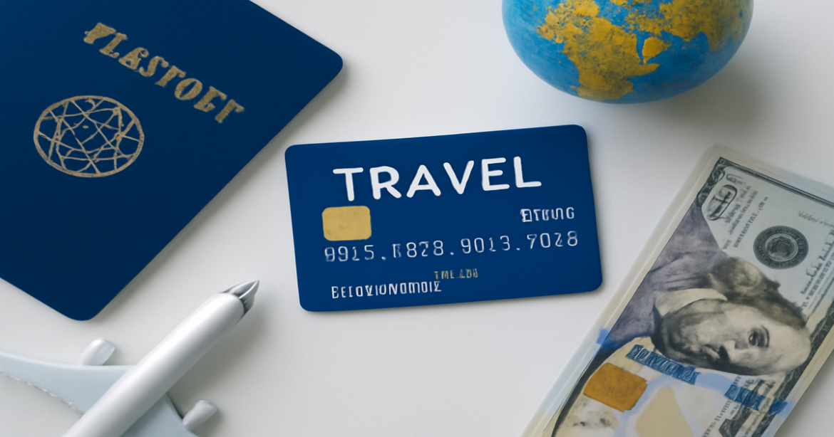 High-quality image of a debit card for travel with travel essentials, ideal for banking and finance articles.