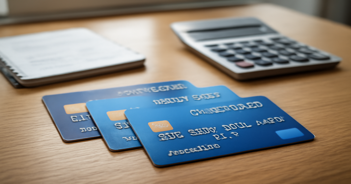 A professional image showcasing various кредитные карты on a desk, illustrating financial choices.