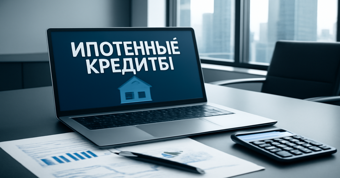 A professional office setup illustrating ипотечные кредиты, with financial tools and a city view.