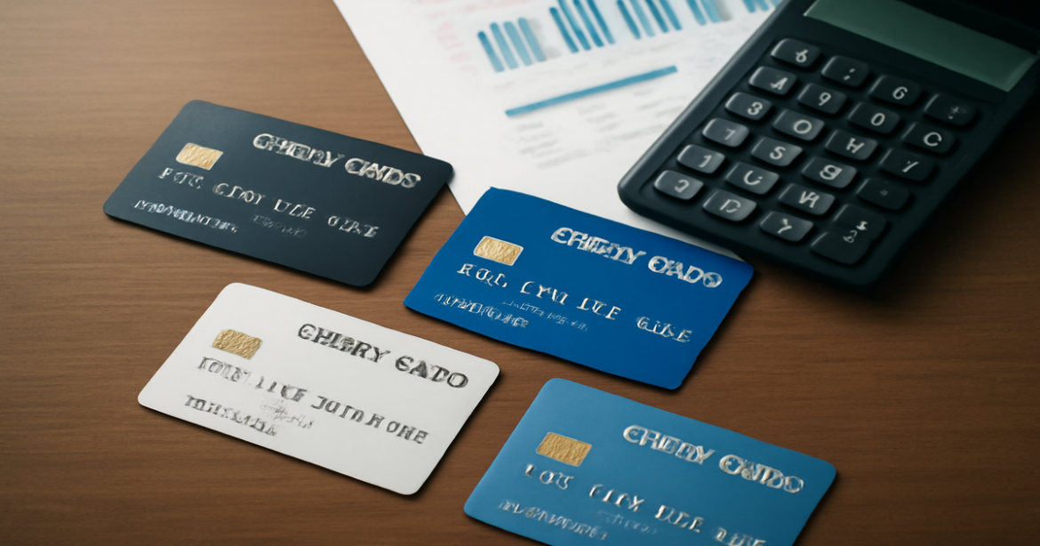A professional image of various кредитные карты on a desk, symbolizing financial management.