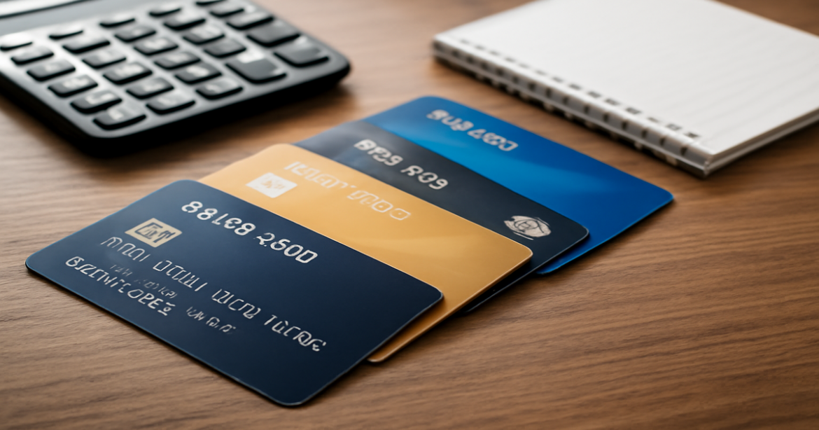 An array of credit cards on a desk, symbolizing banking and financial tools.