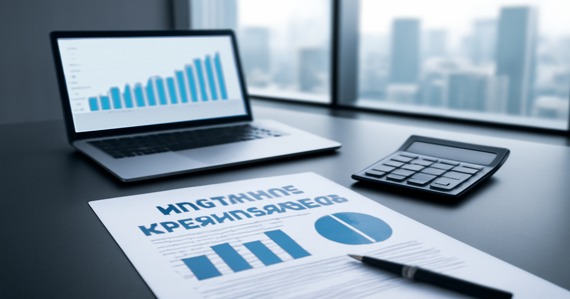 A professional setting illustrating ипотечное кредитование with financial documents and a laptop.