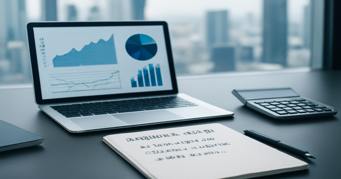 A modern workspace for финансовое планирование with charts and financial tools, conveying professionalism.