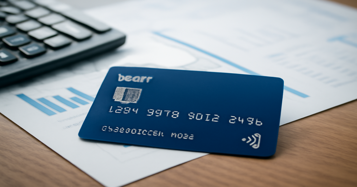 A debit card on a desk with financial documents, representing banking and finance concepts.