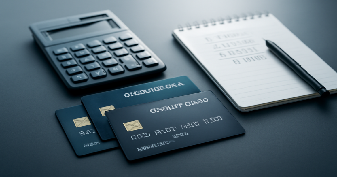 Credit cards on a desk with a calculator, representing financial literacy and decision-making.