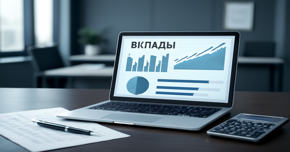 Professional image of a banking desk with financial tools, emphasizing вклады for 2026.