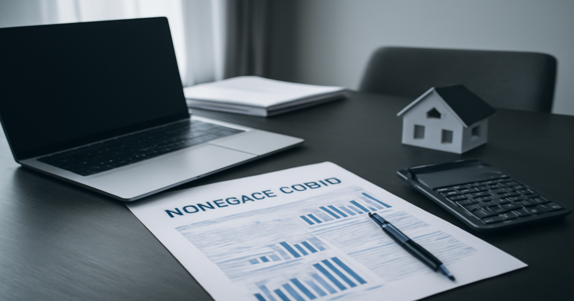 Professional image representing ипотечный кредит with finance documents and a laptop in a modern office.