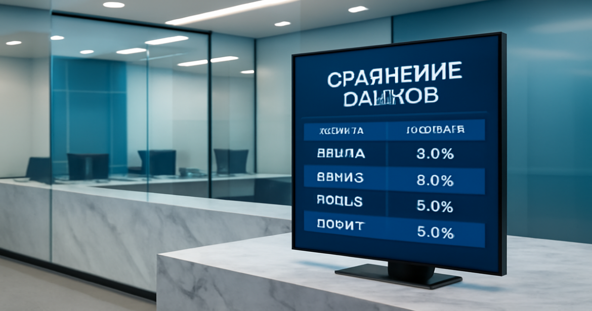 Professional bank interior showcasing 'сравнение банков' with a focus on finance and security.