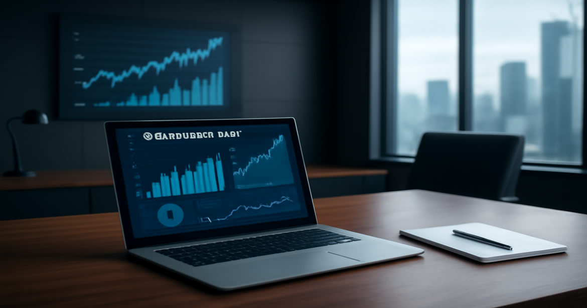 A professional office scene illustrating сравнение банковских услуг with graphs and financial charts.