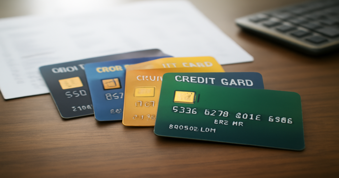 A professional image illustrating сравнение кредитных карт on a wooden desk with financial tools.