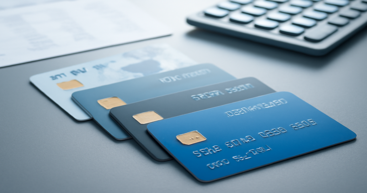 A professional image of various кредитные карты on a desk, emphasizing banking and finance.