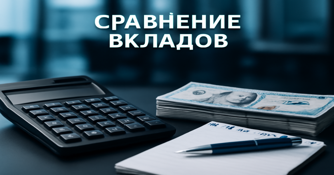 Professional image depicting 'сравнение вкладов' with finance tools in a modern office setting.