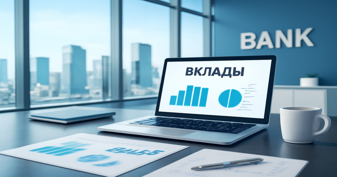 Professional image illustrating вклады in a bank setting with financial documents and graphs.