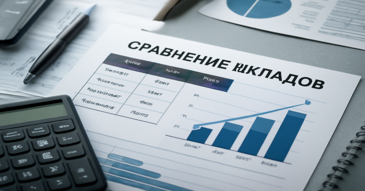 Professional image depicting сравнение вкладов with financial documents and charts for effective savings management.