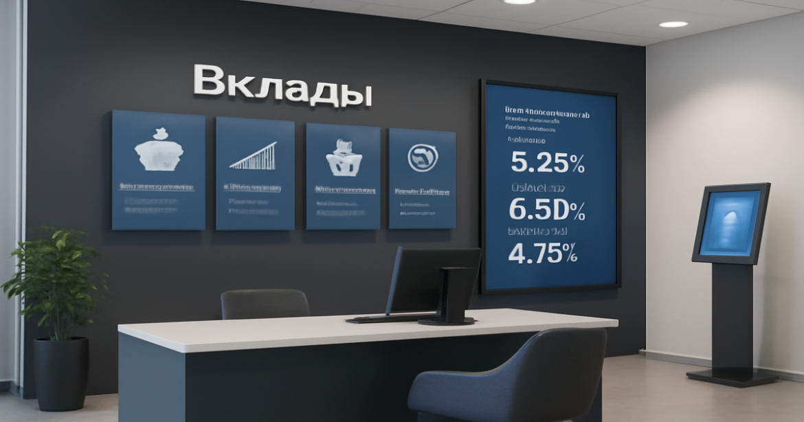 Image of a bank interior showcasing various вклады for savings and investments.