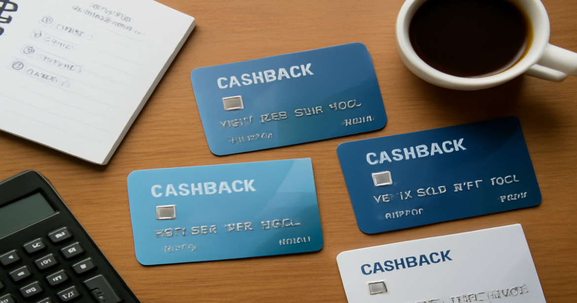 Flat lay of debit cards кешбек with budgeting tools, highlighting savings on everyday expenses.