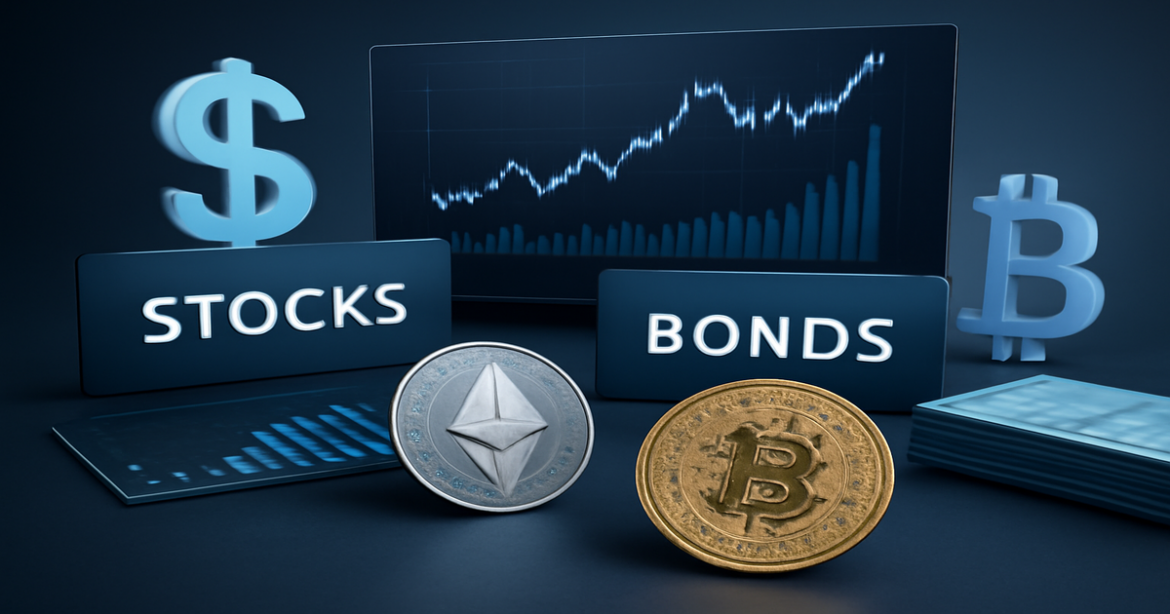 High-quality image showcasing инвестиционные продукты for beginner investors, including stocks, bonds, and cryptocurrencies.