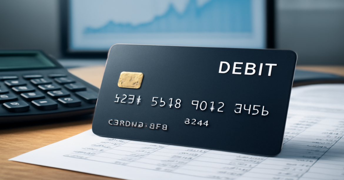 A professional image of a debit card with financial documents, emphasizing banking and finance.