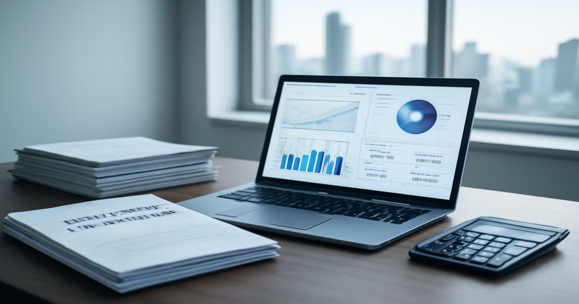 Explore ипотечное кредитование in a professional office setting with financial documents and a laptop.