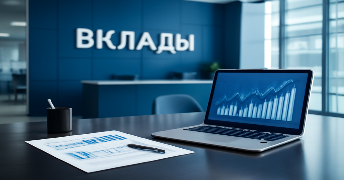 Professional image of a bank setting, emphasizing вклады and financial growth.