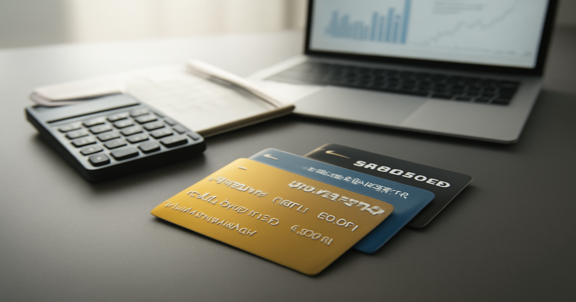 Variety of кредитная карта on a desk, symbolizing banking and financial literacy in a professional setting.
