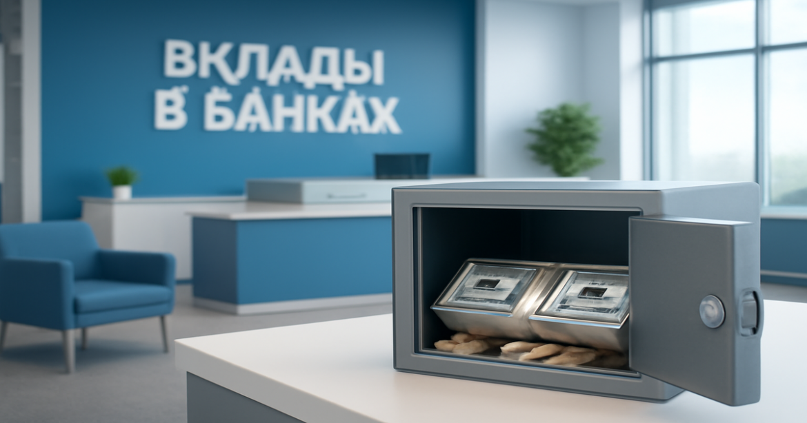 A secure bank interior showcasing вклад в банках with money in a deposit box, symbolizing financial safety.