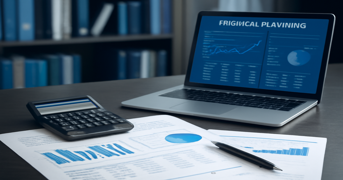 A professional workspace illustrating финансовое планирование with documents and finance tools.