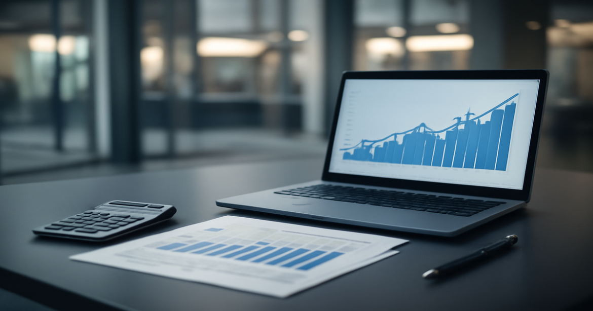 A professional image illustrating financial literacy with documents, a calculator, and a laptop.