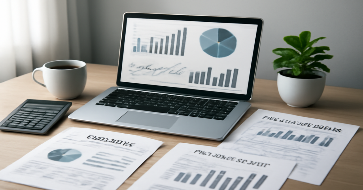 Professional workspace emphasizing финансовая грамотность with financial tools, charts, and a clean aesthetic.