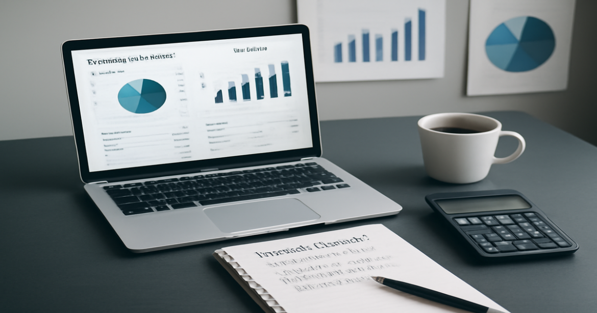 A professional workspace illustrating финансовое планирование with budgeting tools and financial charts.