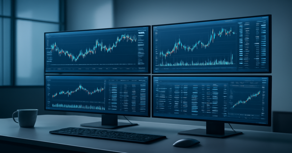 Investing in stock market: a professional trading environment with charts and financial data.