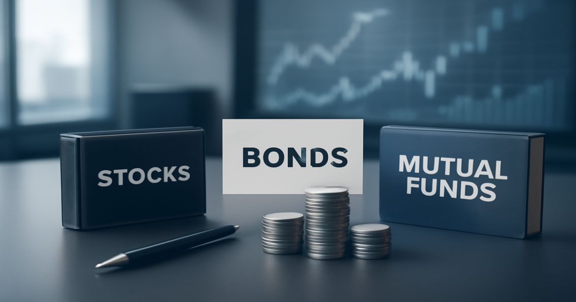 Investment products for beginner investors arranged on a modern office desk, showcasing finance and business themes.
