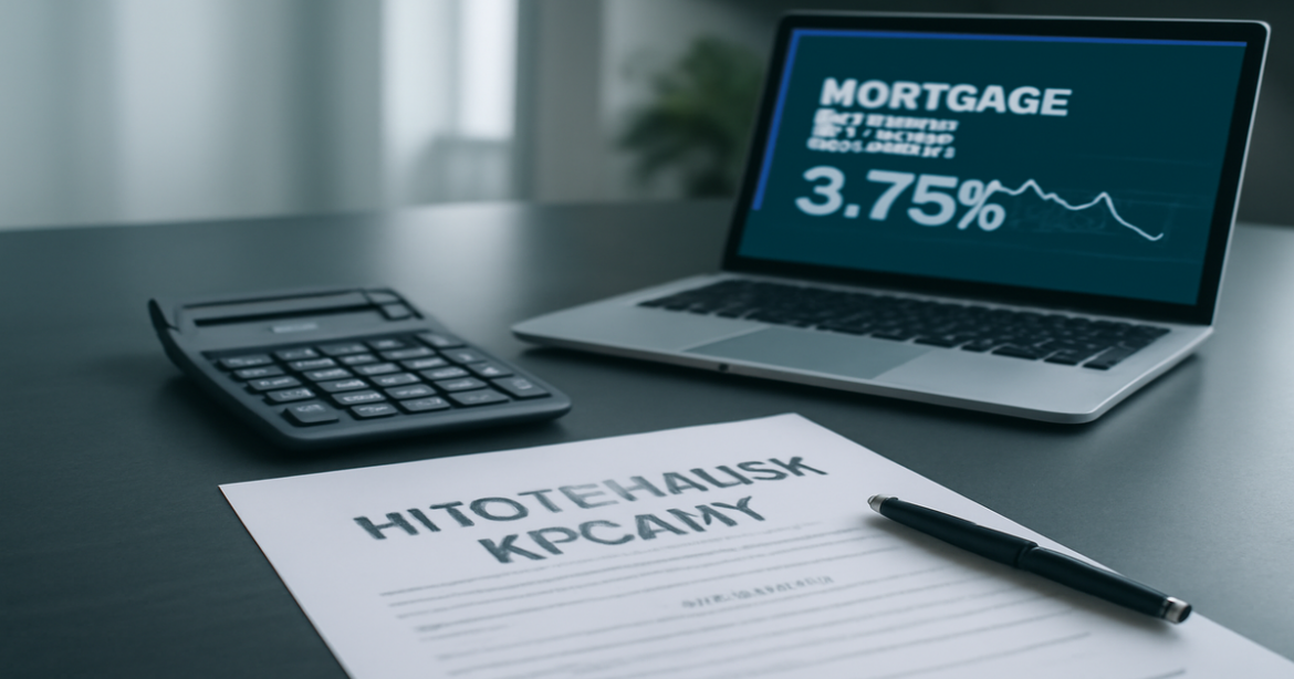 Professional image illustrating ипотечный кредит with mortgage documents and financial tools.