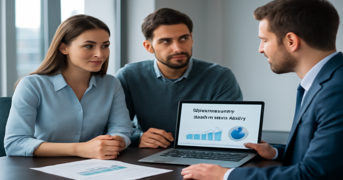Image illustrating ипотека для молодых семей with a couple discussing mortgage options in a professional setting.