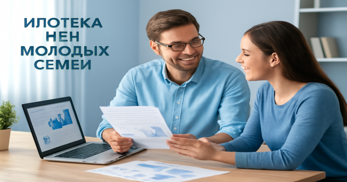 Image of a young couple exploring ипотека для молодых семей options in a modern home office.