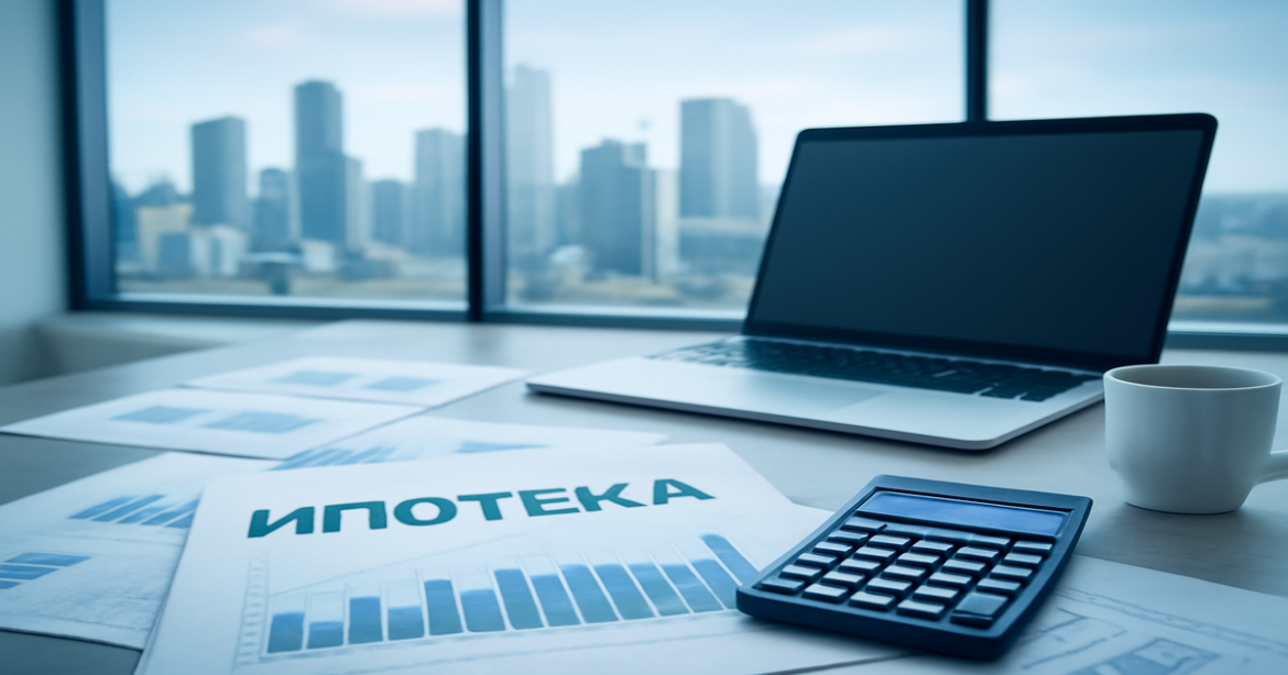 Professional image representing ипотека with a modern office setting and financial elements.
