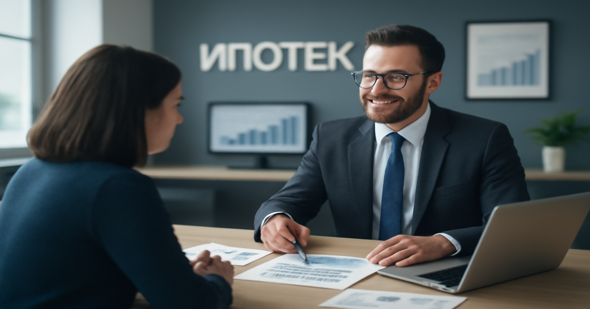 Professional image illustrating mortgage (ипотека) options for secondary housing in a modern office.