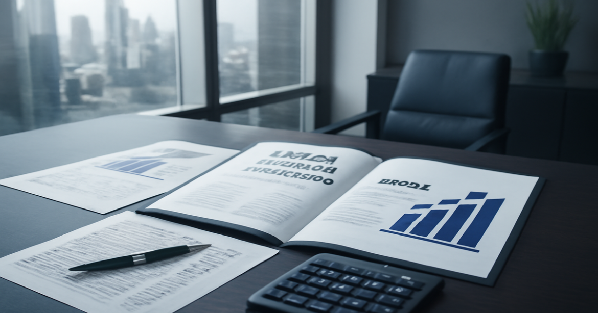 Image of a bank office showcasing вклад с высокой процентной ставкой with financial documents and a calculator.