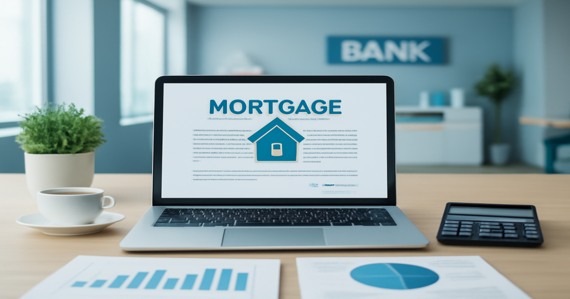 Professional image illustrating ипотека process in a modern bank office, emphasizing finance and trust.
