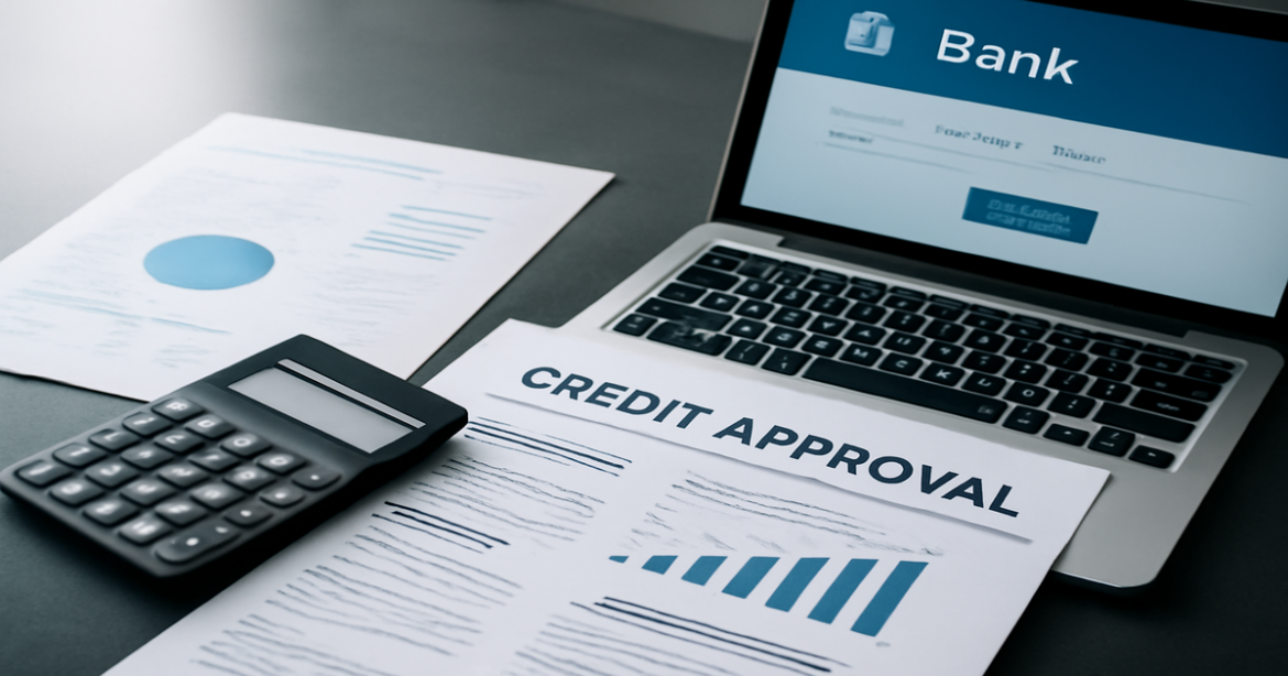 A professional image illustrating the credit approval process with financial documents and tools.
