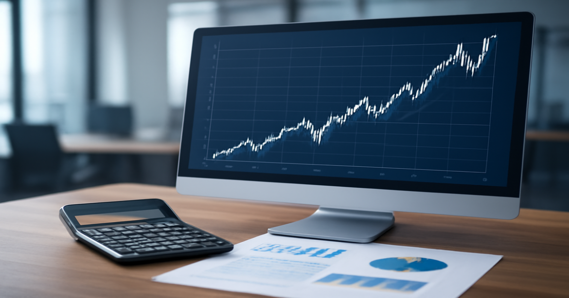 Professional image illustrating investments in stocks with graphs and financial tools.