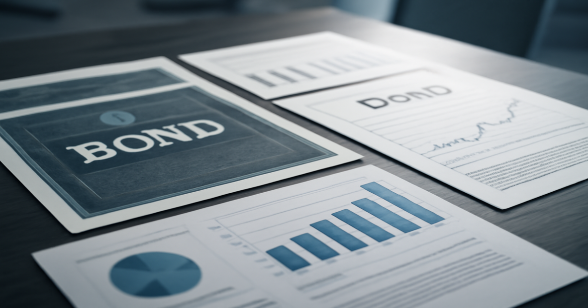 Investing in bonds: close-up of bond certificates and financial documents on a desk.