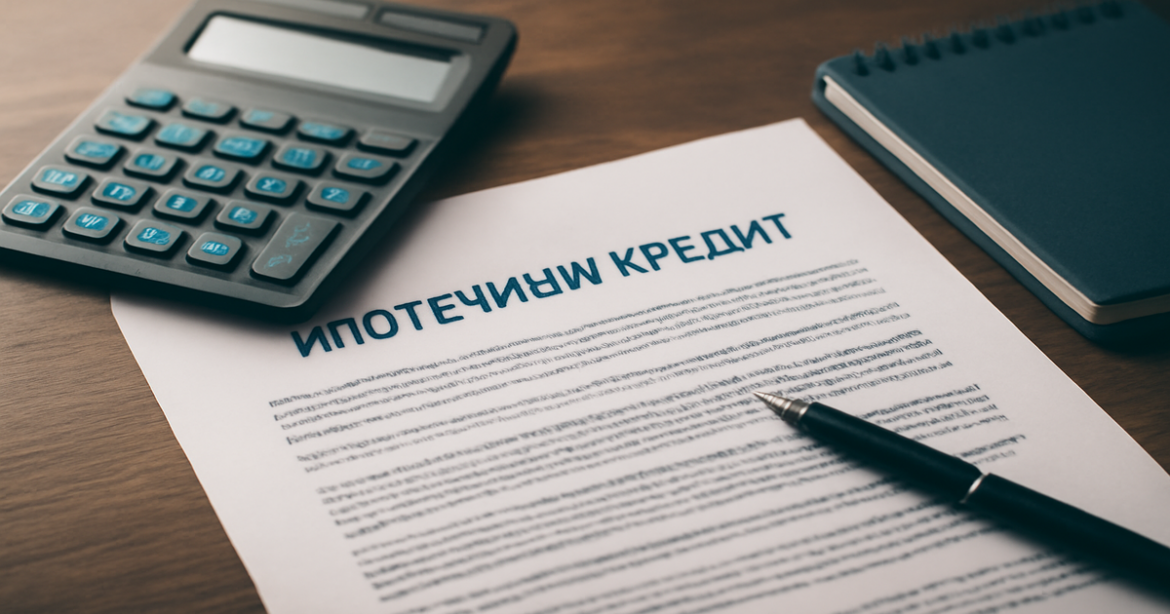 Image of a mortgage contract for ипотечный кредит on a desk with financial tools.
