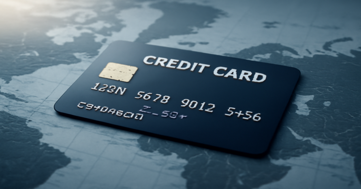 Credit card for travel on a world map symbolizing banking and finance without any text or logos.