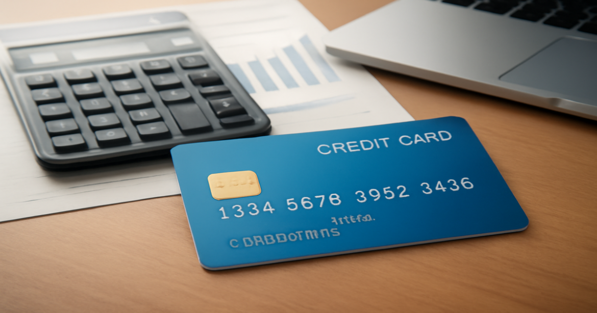 A professional image of a credit card, calculator, and financial documents on a desk, representing banking choices.