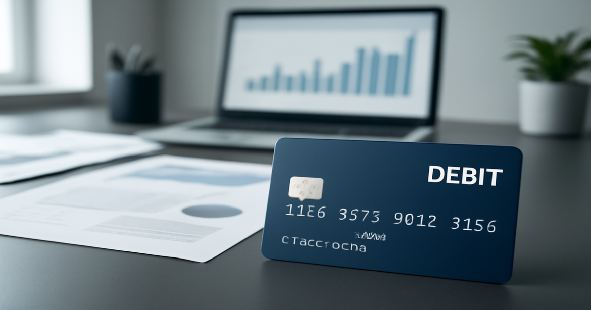 A professional image of a debit card in a financial workspace, representing banking and finance.