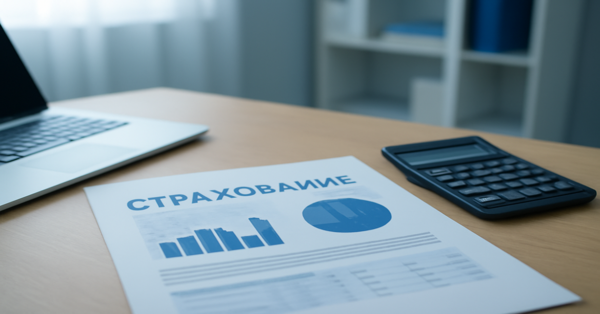A professional office scene illustrating страхование with financial documents and a calculator.