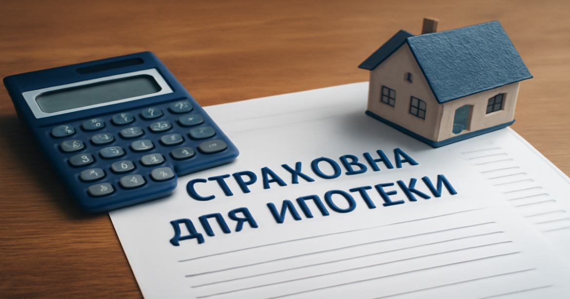 A professional image illustrating 'страховка для ипотеки' with mortgage documents and a house model.